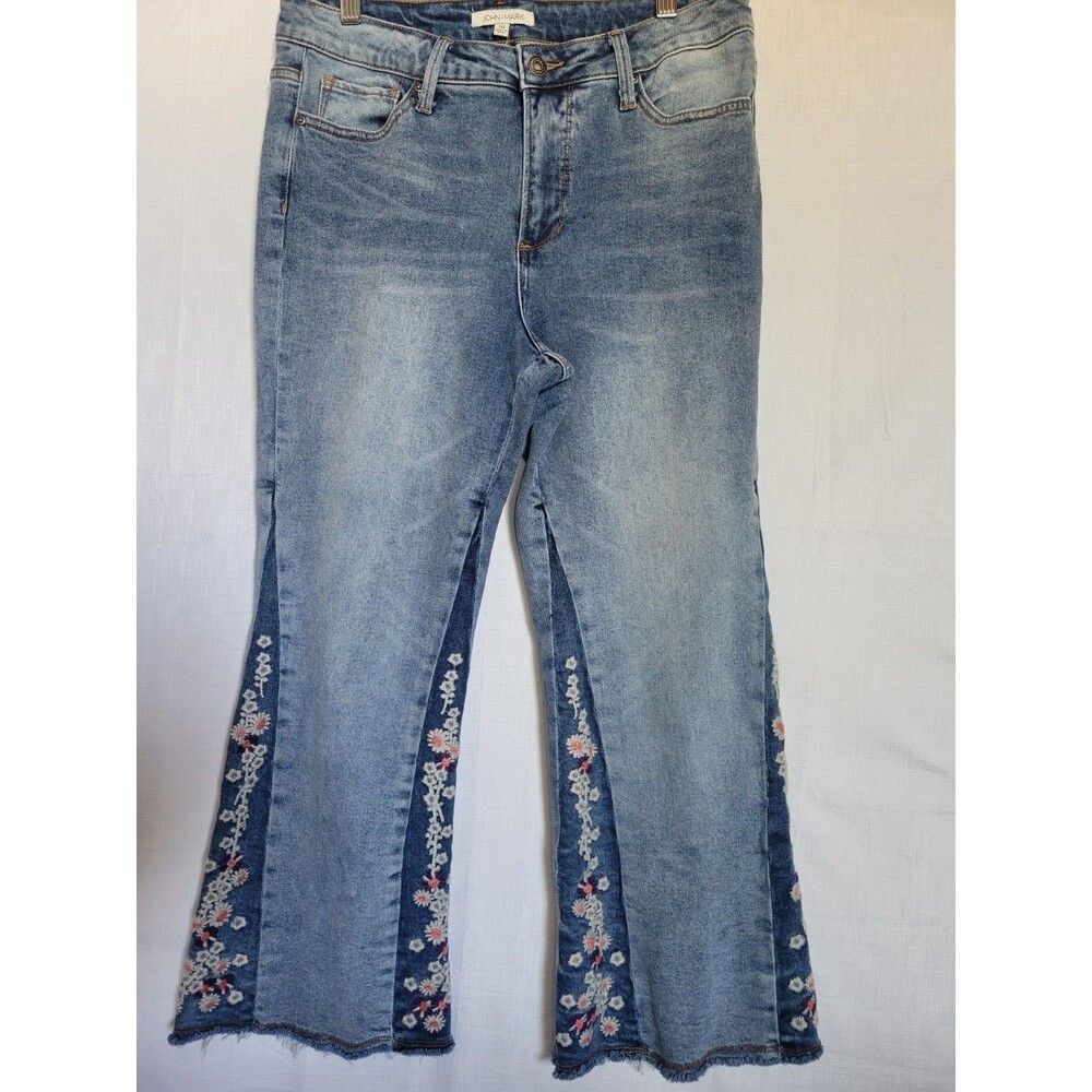 John Mark Jeans Sz 10 Floral Embroidered Cropped Stretch Boho Retro Hippie Artsy